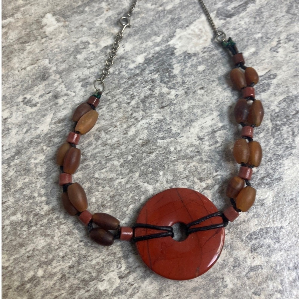 Boho Natural Stone Beaded Necklace Red Jasper Pendant‎ Earthy